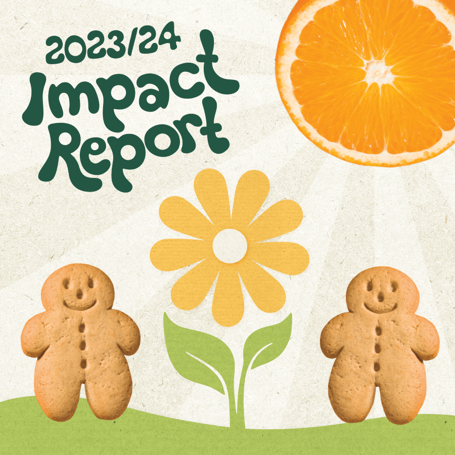 A sunflower, an orange symbolising a sun, and two gingerbread men biscuits