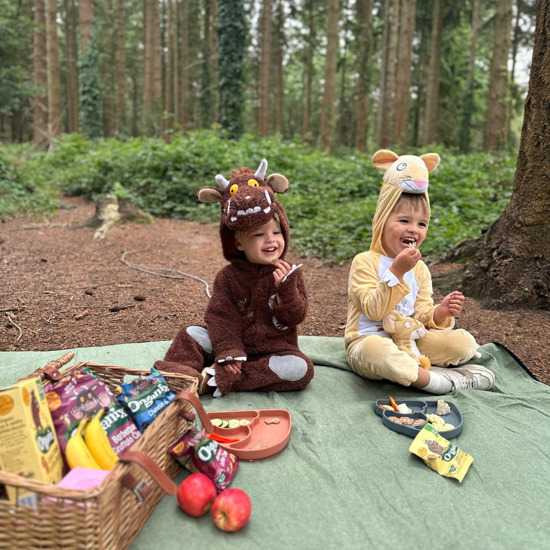 A preschool aged child and a toddler enjoying a Gruffalo picnic at the woods