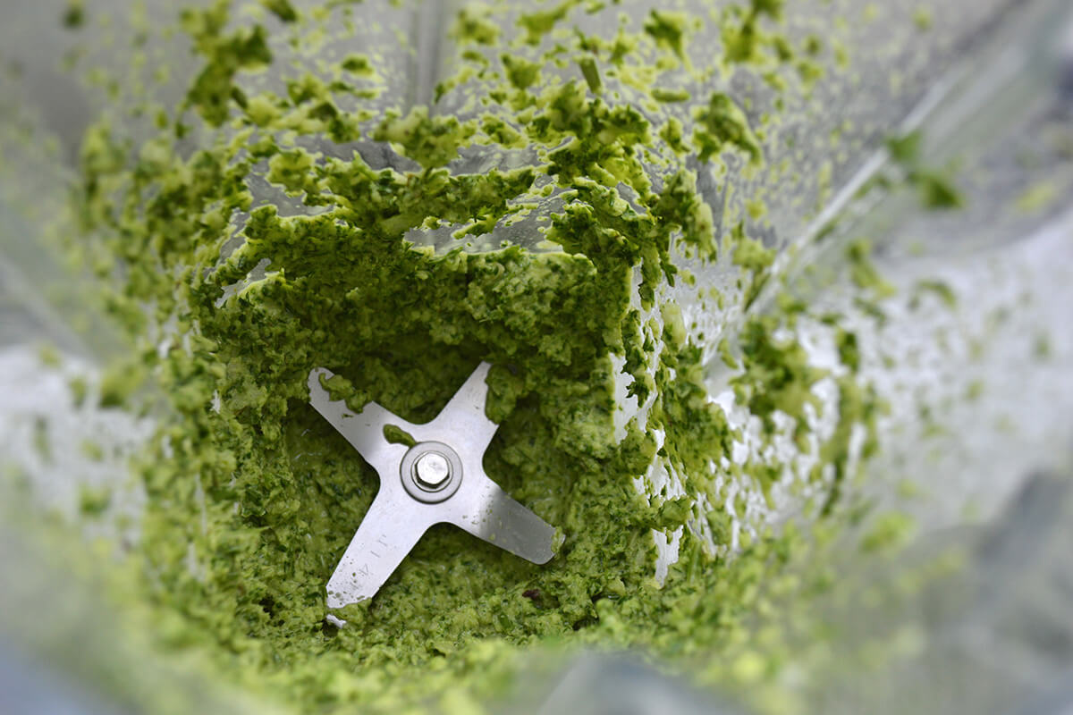 Herbs, onion, garlic and olive oil in a food processor 