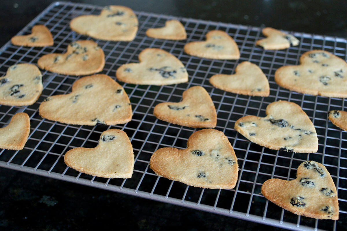 Baked Loveheart Biscuits on a rack