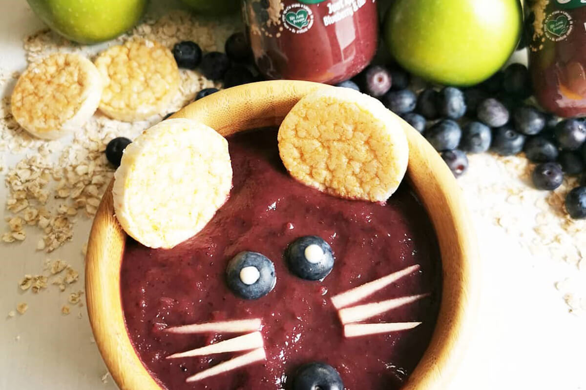 6 thinly cut slices of apple are placed into the bowl to create whiskers and complete the Organix little mouse fun plate